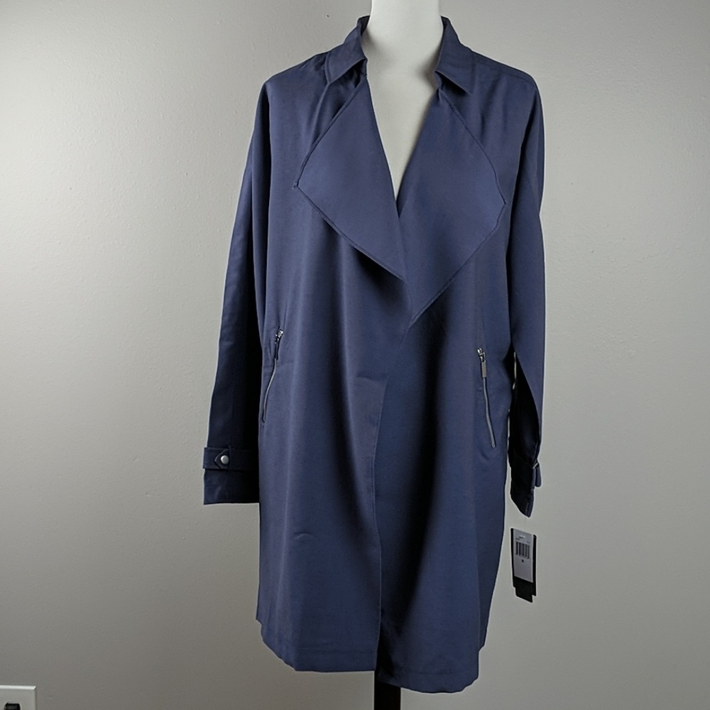 Sebby Draped Open Front Trench Coat Blue Sz M L XL